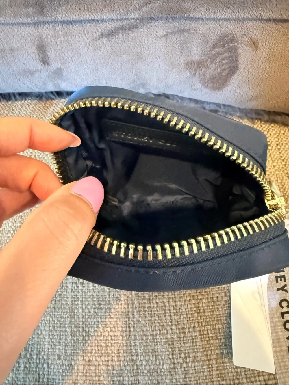 NWT Stoney clover lane sapphire mini pouch with lightning bolt embroidery.